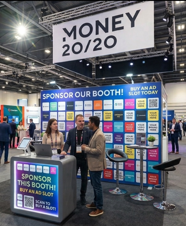 Shared conference booth concept with sponsor logo placements, Your logo here panels, and a QR code display