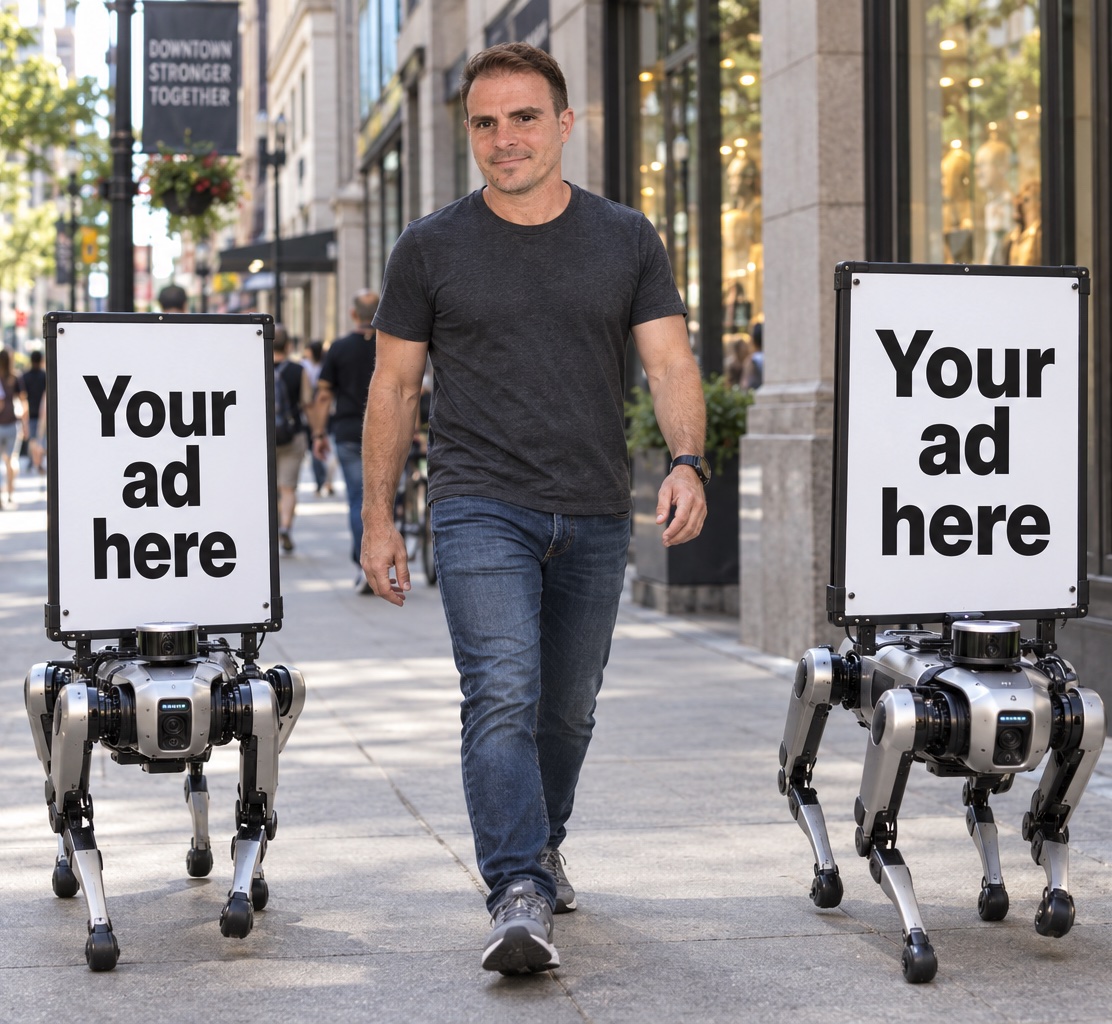 John Arndt walking downtown with two robot dogs carrying large Your ad here signs